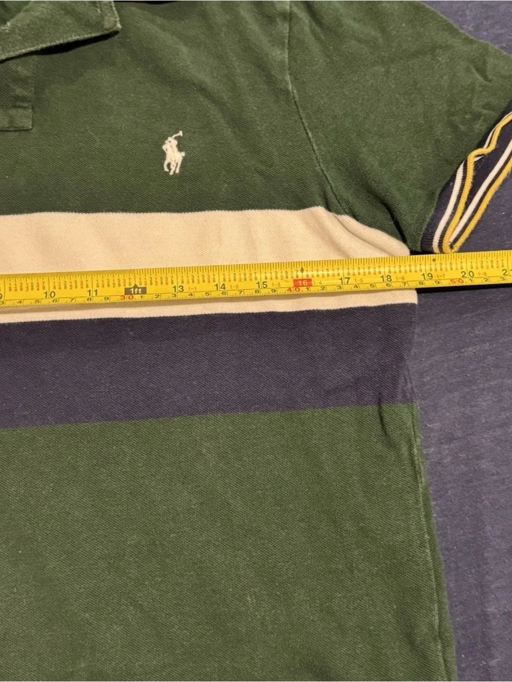 Men’s Medium Slim Fit Ralph Lauren Green, Navy & White Striped Polo Shirt